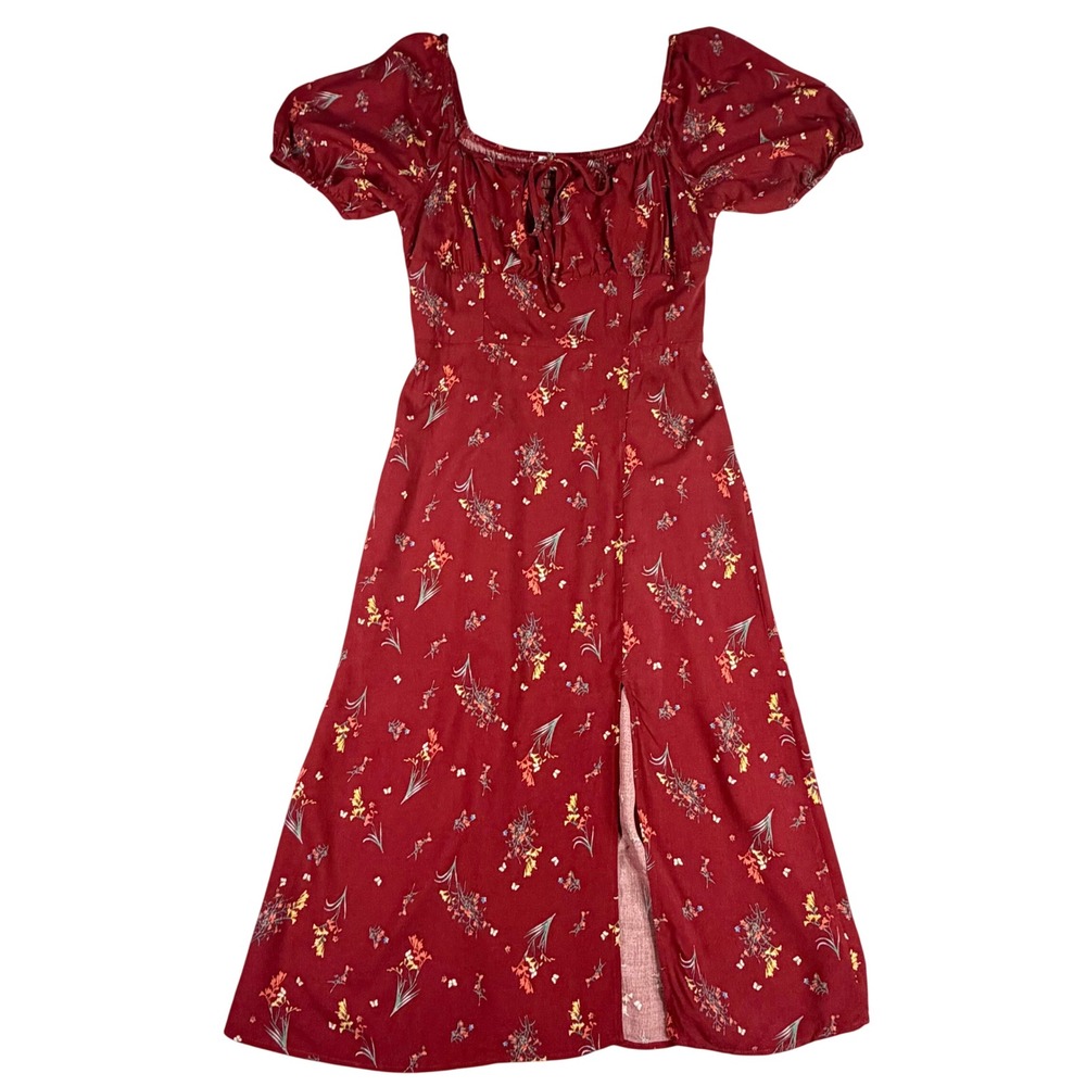 Milkmaid Prairie Floral Puff Sleeve Smocked Midi Dress Lrge Burgundy Cottagecore